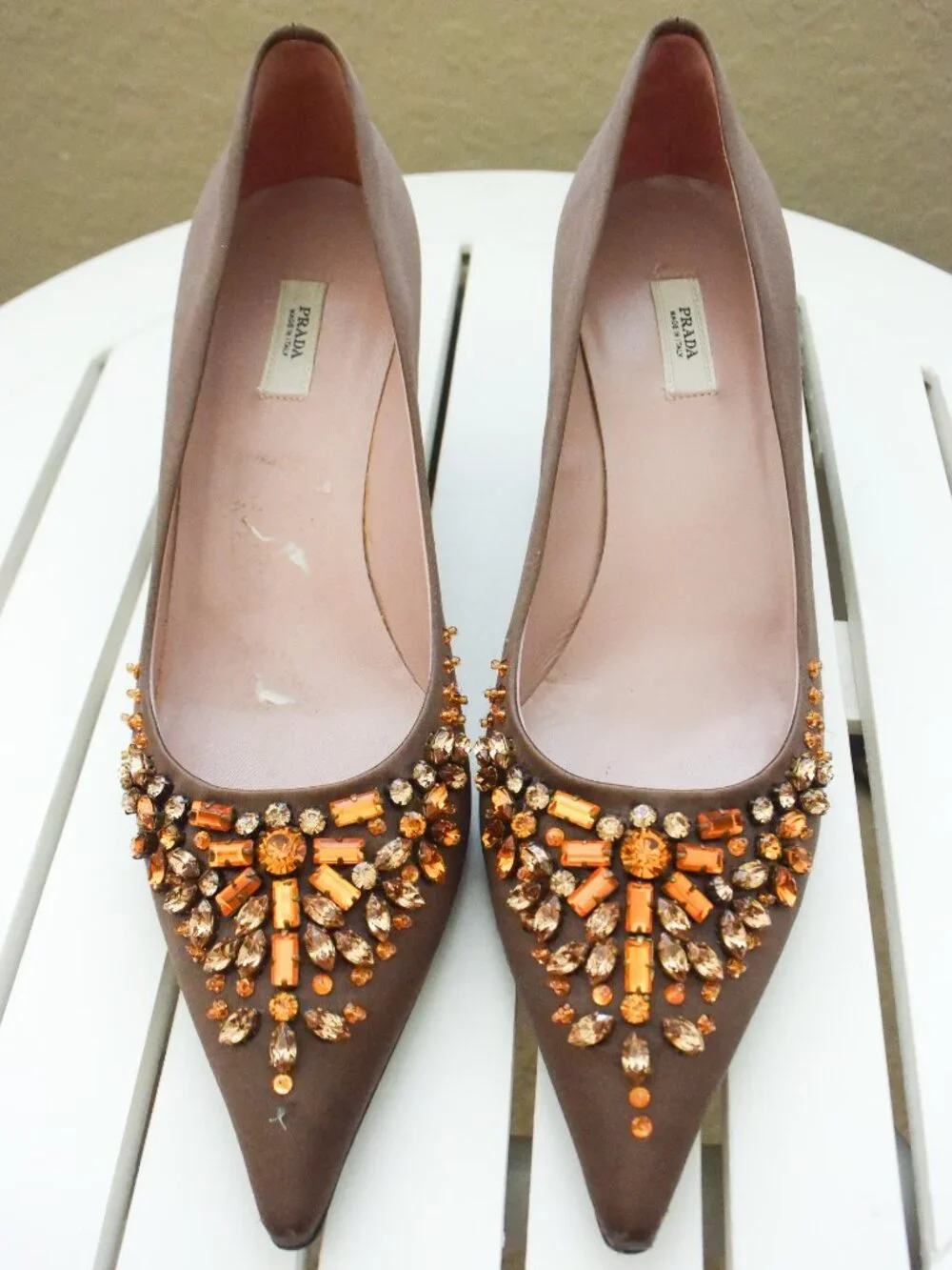 *PRADA* Brown - Satin Pointe Pumps w/ Rhinestones & Jewels - size 36